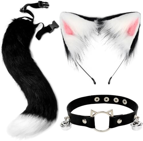 ZDQC Kunstpelz Fuchsschwanz,Katze Flauschiger Schwanz und Leder Halskette Set,Flauschige Katzenohren,Flauschige Fuchs Accessoire,Halloween Party Cosplay Kostüm Accessoire (Schwarz Weiß)