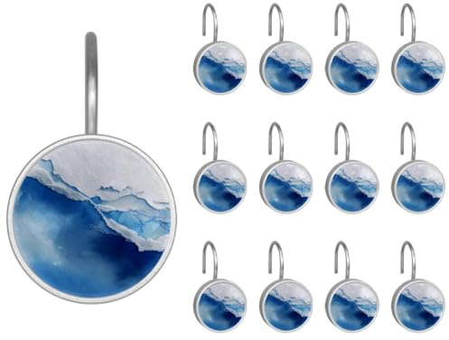 12 ganci rotondi decorativi per tenda da doccia, onde invernali ad acquerello blu e bianco, antiruggine, anelli per tende da bagno per aste da doccia e fodera