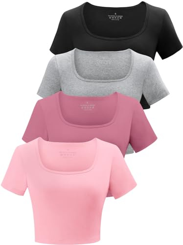 BryticFlow Square Neck Crop Tops for Women Workout Tops Trendy Going Out Tops Ladies Gym Summer Shirts 4 Pack Black/Grey/Rose/Pink L