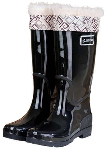 Botas de goma para mujer Botas de lluvia Fashion Slip High Top Zapatos de exterior para senderismo camping Ropa de uso diario Tacón bajo cómodo Zapatos con cadenas para nieve para mujer, Negro , 38