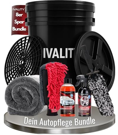 Ivality 8-teiliges Auto waschen set für optimale Handwäsche mit 20L Wascheimer, Deckel & Schmutzsieb, Mikrofasertücher, Waschhandschuh, Autoshampoo, Felgenbürste und Felgenreiniger für Autopflege