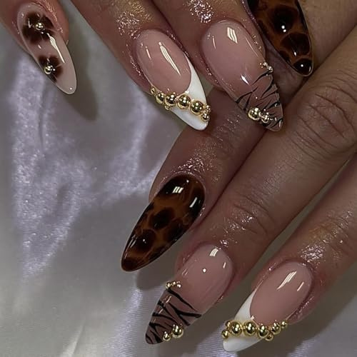MouyouGlow Press on Nails Kurz,Almond Nude Leopard French 3D Blumen Floral Gold Beads Design Mandel Fake Nails,Brown Tips Flowers White Twill Retro-Chic Flair Herbst und Winter Künstliche Fingernägel