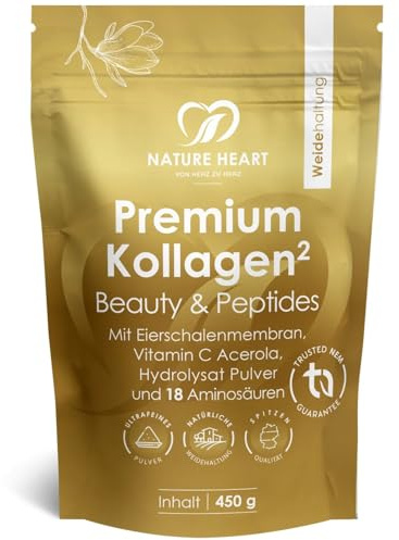 Nature Heart Premium Kollagen Peptides Pulver 450g – aus Weidehaltung – geschmacksneutral, löslich mit Acerola und über 91% Protein