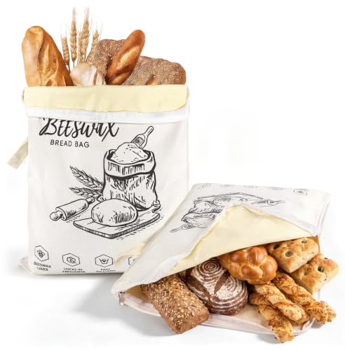 HOTUT 2-pack bivax brödpåse, 42 x 32 cm återanvändbar miljövänlig surdeg brödhållare, matförvaringsväska, brödförvaring, stor kapacitet, med dragkedja och remmar, bagerinödvändigheter