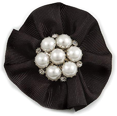 Avalaya Broche Fleur Fausse Perle Satin Noir