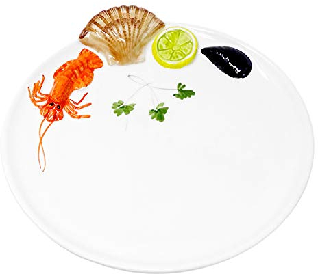 Lashuma Assiette de présentation en céramique italienne faite à la main au design fruits de mer, assiette ronde à poisson, 25 cm