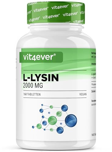 vit4ever L-Lysin - 160 Tabletten - 2000 mg L-Lysin HCL - hochdosiert | Pflanzliche Fermentation, ohne unerwünschte Zusätze, Laborgeprüft, Vegan