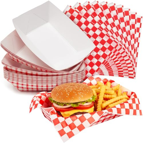 Heavy Duty, Grease Resistant 3 Lb Paper Food Tray and Deli Liner 50 Pack. 50-12 x 12 Sandwich Wraps and 50 Durable, Coated Paperboard Baskets. Ideal for Festivals, Carnivals and Concession Stands