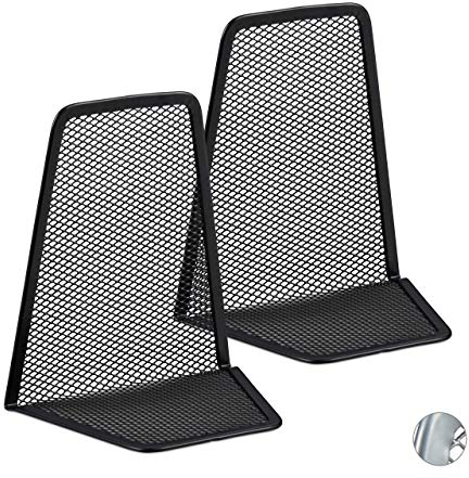 Relaxdays Set of 2 Bookends, Supports for Books, CDs, DVDs, HxWxD: app. 14.5 x 12.5 x 9 cm, Black, Steel