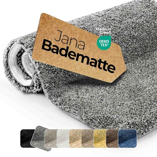 Badematte rutschfest Grau 60 cm Rund - etérea Badteppich Hochflor Shaggy, 2200 g/m² extra flauschig & saugstark, waschbar 30°C, für Fußbodenheizung, Standard 100 by Oeko-TEX