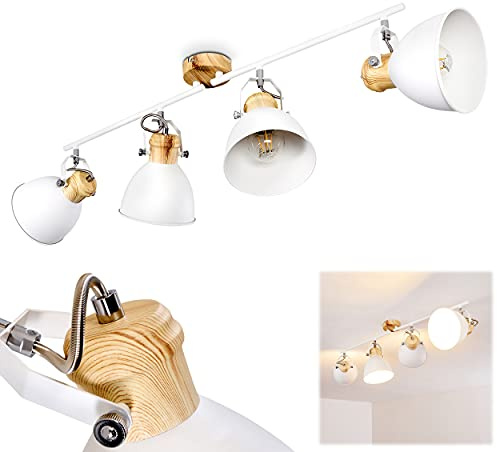 HOFSTEIN Deckenleuchte Banjul, 4-flammige Deckenlampe aus Metall in Weiß/Holzoptik, verstellbare Leuchte im Retro/Vintage/Industrial-Design (Ø Schirme 15 cm), E27, Wohnzimmer, Esszimmer, Schlafzimmer