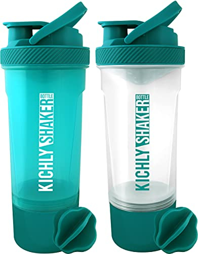 KICHLY Set of 2 Classic Protein Shaker Bottle (700 ml) with Protein Shaker Ball - Non-Leak Cap with Container for Protein Shakes – Perfect Fitness & Workout Partner (Teal & Clear)