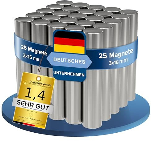 25x Neodym Power Magnet silber - Stabmagnet extra stark lang - Durchmesser 3x15mm lang - starke Magneten Supermagnet - Haftkraft ca. 0,5 kg - Magnete für Whiteboard, Pinnwand, Magnettafel, Werkstatt