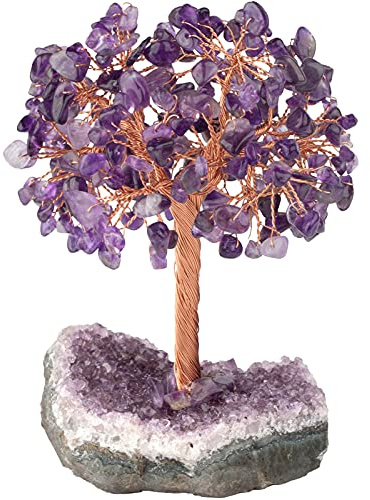Nupuyai Amethyst Edelstein Baum mit Amethyst Stein Basis Kristall Wohn Deko | Natürlicher Amethyst Druse Rohstein Basis, Feng Shui Geldbaum, Glücksbaum Bonsai Deko Figur für Glück Reichtum, ca. 11-15cm