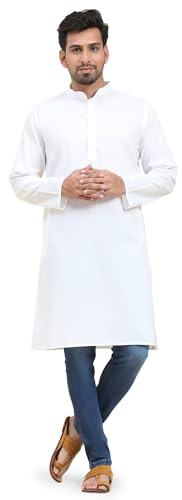 SKAVIJ Homme Kurta Coton Manches Longues Casual Tunique Blanc_XXL