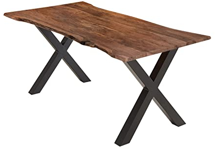 SAM Esstisch 160x85 cm Burgos, Akazienholz massiv + nussbaumfarben + lackiert, echte Baumkante, Baumkantentisch mit X-Gestell aus Metall schwarz, Tischplatte 26 mm