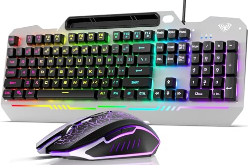 AULA Gaming Keyboard and Mouse, 104 Keys RGB Backlit Computer Keyboards Mouse and Keyboard Combo with Number Pad, All-Metal Panel Wired PC Keyboard for Laptop Win XP/7/8/10, T102 New Update Version