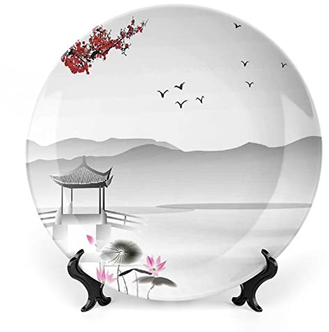 LIGUTARS Ceramic Plates, Asian Decorative Ceramic Plates, Japanese Style Garden Bird Small Pavilion, 6 Inch, for Dining, Parties, Wedding, Grey Pink Red