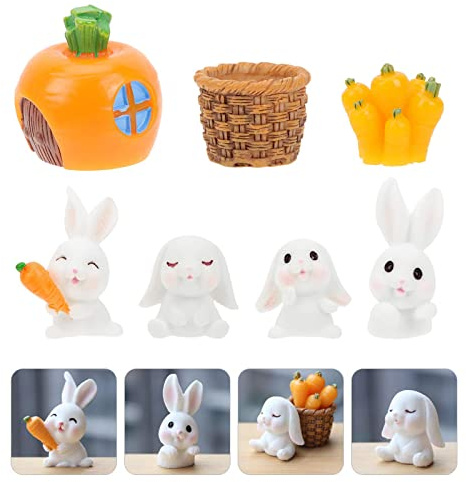 7 Piezas Mini Figuras de Conejito, Adornos de Figuras de Conejo, Mini Conejo de Pascua Figuras, Figuras de Conejo, Ornamentos en Miniatura de Pascua, 4 Conejos 2 Canasta de Bambú 1 Zanahorias