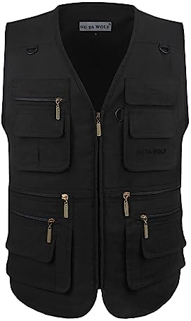 OU YA WOLF Men's Lightweight Utility Casual Travel Fishing Safari Multi Pocket Outdoor Vest XX-Large Black
