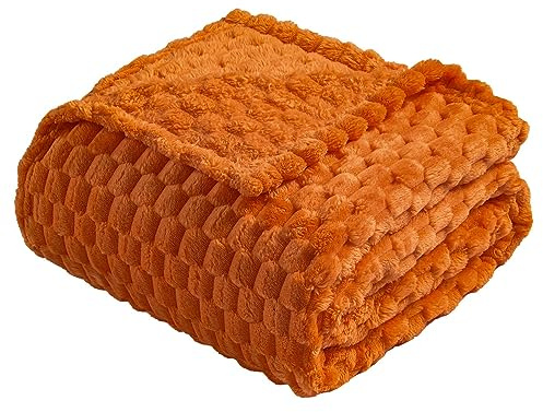 Vessia Coperta in pile di flanella (127 x 178 cm), 300 g/m², in jacquard arancione bruciato, calda e pelosa, per divano, letto, sedia, 300 g/m², super morbida al tatto, comoda, leggera, per tutte le