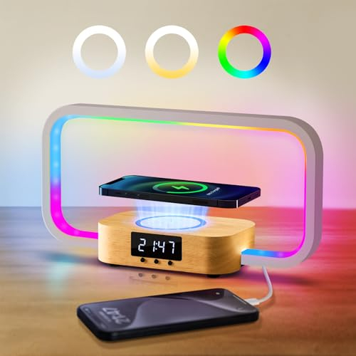 Bedside Lamp with Wireless Charger, LED Table Lamp, Touch Control Night Light with RGB Colors, Stepless Dimming, Nightstand Desk Lamp with Charging Station & USB Charging Port for Bedroom (Wooden)