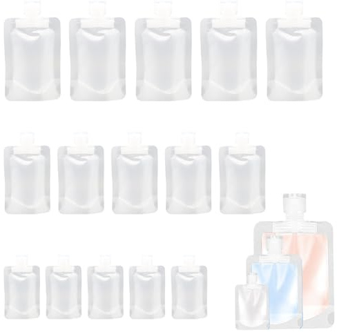 Quixotical 15 Stücke Reise Kosmetik Behälter, Nachfüllbare Leere Quetschbeutel, Reiseflaschen 30/50/100 ml, Transparente Clamshell Verpackungsbeutel, Frei BPA, für Reisen, Camps, Geschäftsreisen