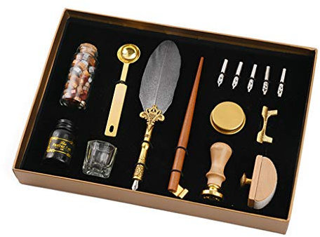 Retro-Kalligraphie-Federfeder-Tauchstift mit Spitzen, Wachssiegel-Stempelhalter, Geschenkbox, Schreibwaren / 489 (Color : Deep Gray)