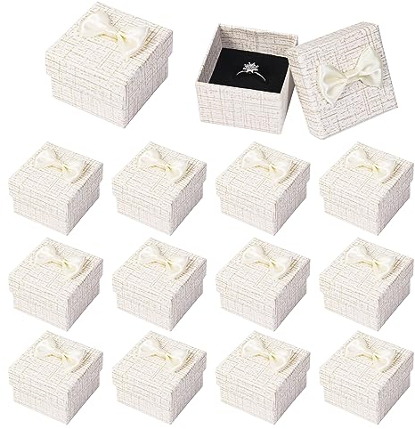 Nideen 12 Stück Geschenkbox Schmuck Klein 5× 5× 3.5 cm Geschenkbox mit Deckel für Schmuck, Ringe Geschenkschachteln mit Schleife für Frauen(Beige)