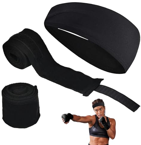 3 Pièces Noir Gants de Boxe Kit, 5m Élastique Bandages de Boxe arec Bandeaux de Sport, Stabilité Bandes Boxe sous Gants pour Hommes Femmes, Sécurité Hand Wraps pour Sports de Combat, MMA