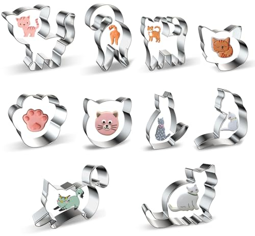 10 Stück Katze Ausstechformen, Tierform Plätzchen Ausstecher, Edelstahl Keksform Kätzchen, DIY Keksausstecher in Katzenform, Stecher für Fondant, Biscuit Cookie Cutter, zum Kinder Backen/Tortendeko