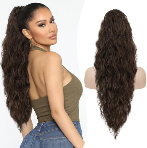 RUWISS Pferdeschwanz Verlängerung 65 cm Kordelzug, Wellig Lockig Clip in Ponytail Hair Extensions, Synthetik Haarteil für Damen Dunkelbraun