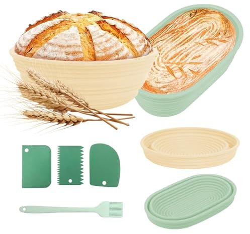 Bread Proofing Basket Set, Sourdough Proving Basket Kit Silicone Bread Basket with 1 Round&1 Oval Foldable Baking Basket 1 Oil Brush and 3 Dough Scraper for Bread Making Baking Fermentation