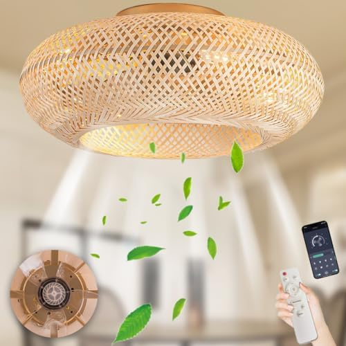 Ventilateur De Plafond En Bambou Abat-jour Avec Éclairage Et Télécommande Plafonnier Silencieux Avec Ventilateur 6 Vitesses Plafonnier Réversible en Rotin Balançoire Lampe Suspendue Rotin Chambre à