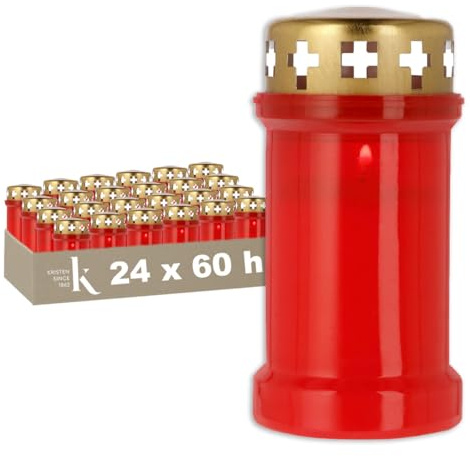 KRISTEN Lanterne funéraire extérieure traditionnelle 3D – 60 heures de combustion – Rouge – Lot de 24 pièces – Pack économique – Lumière commémorative, bougie funéraire, bougie commémorative