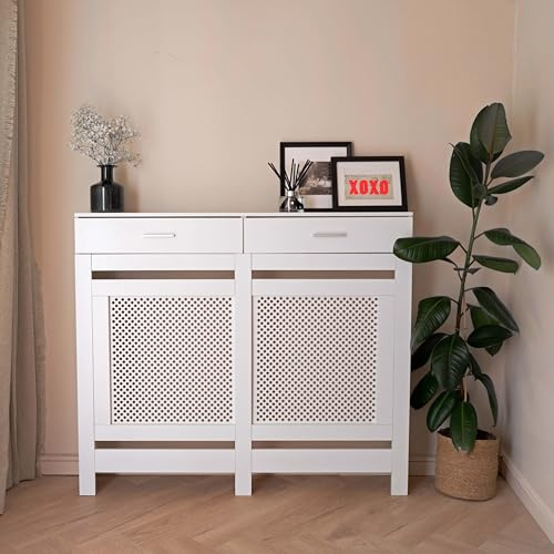 Jack Stonehouse Radiator Cover with Storage Drawer | Traditional Sturdy MDF Wooden Radiator Heater Grill Cabinet Covers For Living Room Bedroom Hallway Furniture (Diamond Slat - White, Medium)