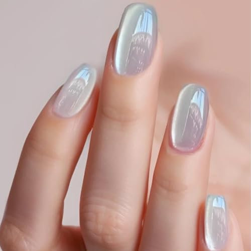 FloralGrace 30 Stück Weiße Cat Eye Nägel, Kurze Glänzende Kunstnägel, Quadratische Press on Nails, Komplette Abdeckung für Squoval Maniküre