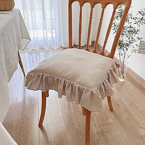 MESCXTY Stuhlkissen mit Rüschen und Bändernelegante Stuhlpolster aus Baumwolle im Vintage-Stil,Sitzkissen mit weicher Baumwollfüllung für das Esszimmer in der Küche Hause auf Bauernhof(45CMKhaki)