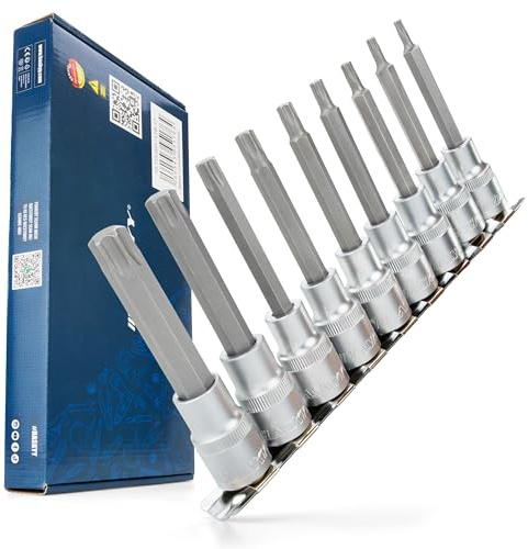 HASKYY Torx Bit Set Lang 100mm T20-T60 1/2 (12,5mm) Antrieb Stecknuss Innenvierkant Steckschlüssel Bit 9-teiliges