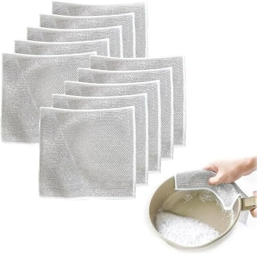 Paicreate 10PCS Non-Scratch Wire Dishwashing Brillo Pads - Double-Layer Wire dishcloth for Wet & Dry Use 20x20 cm, Multipurpose Dishwashing Rags for Cookware, Sinks, and Stove Tops