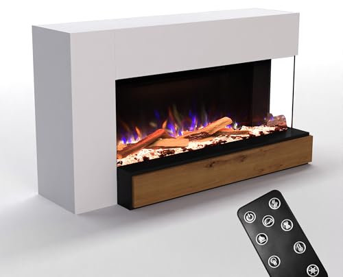 GLOW FIRE Kaminofen Einstein linksoffen mit realistischem 3D E-Motion LED-Feuer - Stand-Elektrokamin mit Heizung und Kaminfeuer, Knistereffekt & Timer, max. 1500 W, 156,7x89x56,4, Weiß