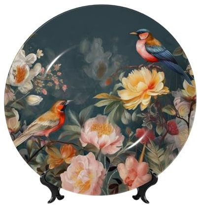 SDTYKHJ Assiette décorative en porcelaine anglaise avec support de présentation à suspendre - Ornement en porcelaine - Fleurs et oiseaux - Assiettes rondes pour la maison, le bureau, la cuisine - 25,4
