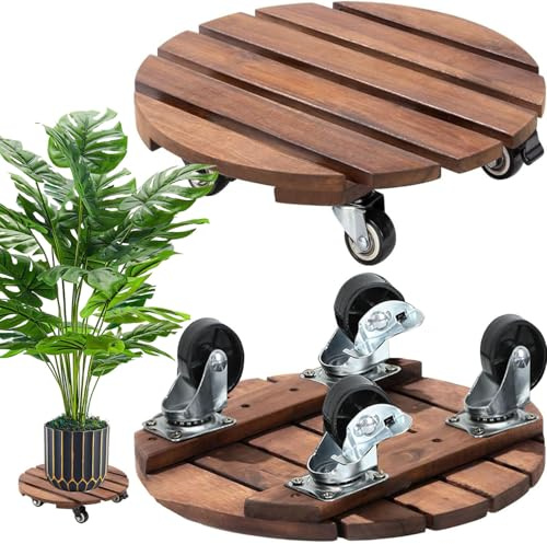 Exquilnova 2 Pack Round Plant Trolley,12 Inches Wood Plant Caddy with Wheels,Mobile Heavy Duty Plant Stand with 2 Metal Lockable Casters for Indoor,Outdoor,Home,Garden,Office (Dark Brown)