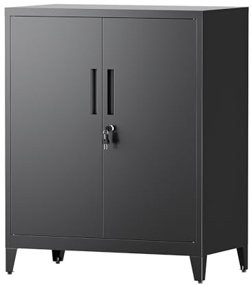 LVSTEEL Armadio Multifunzionale con Serratura, Armadietto 2 Ante, Armadio Ufficio, Dotato di 2 Ripiani Regolabili in Altezza, Nero, 100×80×40 cm