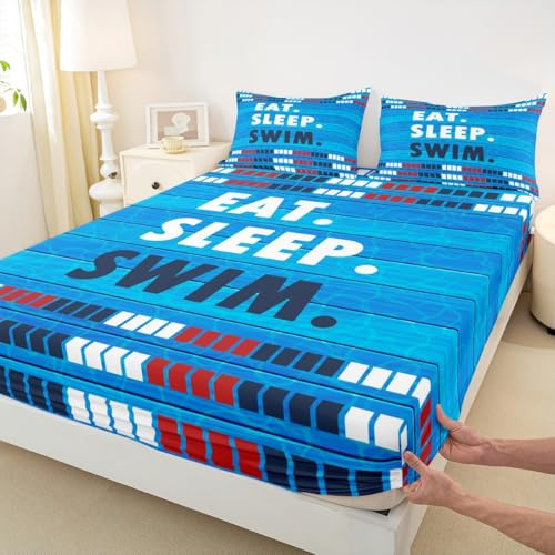 Set di biancheria da letto per letto singolo, lenzuolo con angoli per amanti del nuoto, 2 pezzi, per bambini, adolescenti, ragazzi, uomini, decorazione per la camera, nuoto, sport, nuoto, corsia