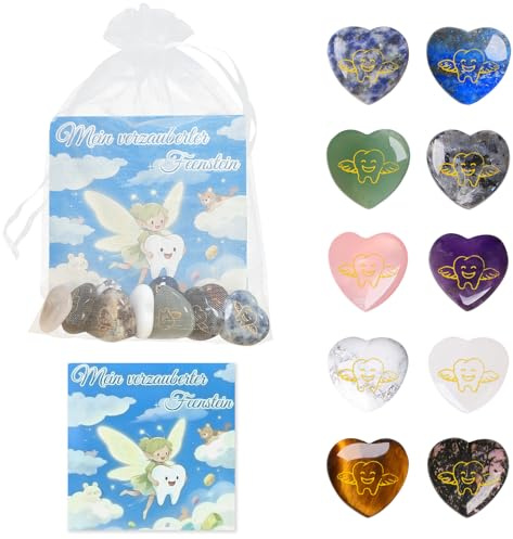 Znnhnn 10x Glücksstein Zahnfee, Feensteine mit Grußkarte und Organza Beutel | Glücksbringer Herz mit Zahnfee, Bunte Herzen Steine, Zahnfee Geschenke Mädchen und Junge, Verlorener Zahn Souvenir