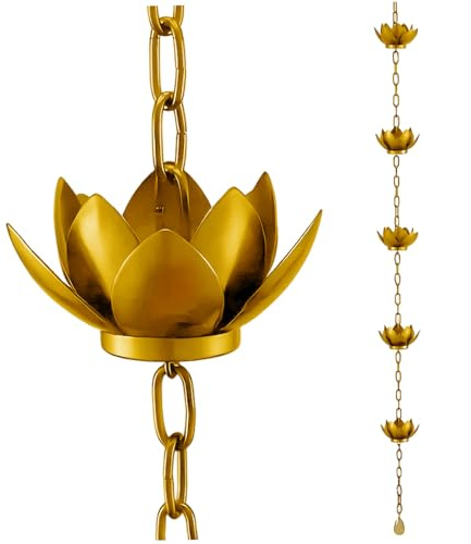 CUCUFA Rain Chains for Outside, 47 Inch Gold Lotus Rain Catcher Chain, Hanging Decorative Rainchains, Chains for Gutters