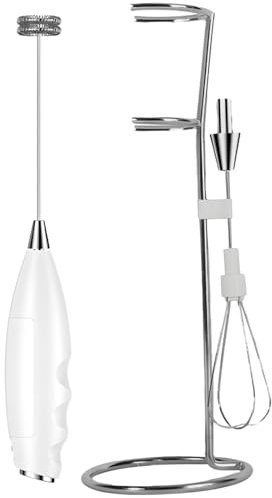 yeeplant Mousseur à lait électrique à piles, batteur à œufs multifonction à double tête pour café et pâtisserie, portable avec support, noir