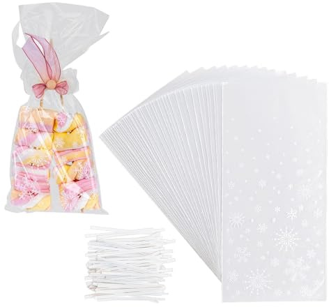 Ideen mit Herz Flachbeutel | Keks-Tüte mit Eiskristallen| 12,3 cm x 27,5 cm | lebensmittelecht | 50 Stück | mit 100 Verschluss-Clips Partytüten Geschenktüten Hochzeit Gebnurtstsag Weihnachten