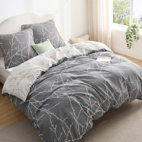 Bedsure Housse de Couette 220x240 cm - Parure Réversible en Polyester Oeko-TEX - Set de Literie 3 Pièces Housse de Couette 220x240 + 2 Taies d'oreiller 65x65 cm, Fermeture Éclair, Brindilles Grises